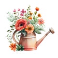 A bouquet of spring garden flowers in an iron watering can made using watercolor technique. Vintage old pot of Royalty Free Stock Photo