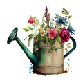 A bouquet of spring garden flowers in an iron watering can made using watercolor technique. Vintage old pot of Royalty Free Stock Photo