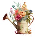 A bouquet of spring garden flowers in an iron watering can made using watercolor technique. Vintage old pot of Royalty Free Stock Photo