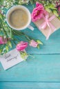 Coffee with flowers and notes good morning Royalty Free Stock Photo