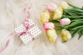 A bouquet of spring tulip flowers and a gift box with a pink bow on a beige fabric background Royalty Free Stock Photo