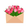 Bouquet of spring tulips in envelope. International Women`s Day. Happy mother`s day. Vector illustration Royalty Free Stock Photo