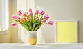 Bouquet of spring tulips pink and yellow in a white ceramic vase. Congratulations on Mother\'s Day, Easter, March 8