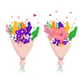 Bouquet of spring wild and garden tulip blooming flowers with other decor elements isolated on white background. Flat Royalty Free Stock Photo