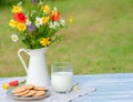 Bouquet of spring wildflowers in white metallic jug , glass of milk, cookies