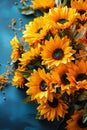 Bouquet of sunflower flowers, blue background vertical frame idea for floral wallpaper, AI generated Royalty Free Stock Photo