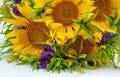 Bouquet of sunflowers and lavender on white background. Royalty Free Stock Photo
