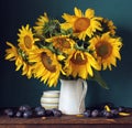 Bouquet of sunflowers and plums Royalty Free Stock Photo