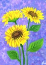 A bouquet of sunflowers on a purple background. Children`s drawing Royalty Free Stock Photo