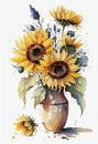 A bouquet of sunflowers stands in a transparent glass vase, a watercolor painting. AI Generated