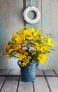 Bouquet of sunflowers and wild flowers on wooden table