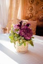 Bouquet on the table. Flower arrangement - hydrangea, calla lily, rose, freesia. Royalty Free Stock Photo