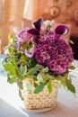 Bouquet on the table. Flower arrangement - hydrangea, calla lily, rose, freesia Royalty Free Stock Photo