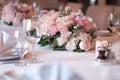 Bouquet on the table. Wine glasses in the foreground. Wedding Banquet or gala dinner Royalty Free Stock Photo