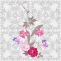 Bouquet of tender garden flowers on a lace ornamental background. Beautiful wallpaper, printing for fabric. Seamless pattern Royalty Free Stock Photo