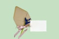 Bouquet of tender hyacinths tied with pink ribbon and brown craft envelope with paper sheet, on green background. Retro, vintage Royalty Free Stock Photo