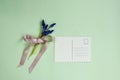 Bouquet of tender hyacinths tied with satin pink ribbon, and greeting card on pale green background. Retro, vintage style. Royalty Free Stock Photo