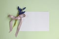 Bouquet of tender hyacinths tied with satin pink ribbon, and paper sheet on pale green background. Retro, vintage style. Spring Royalty Free Stock Photo