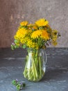 A bouquet of the first primroses in a glass jug. Blooming yellow dandelions, canola and sprigs of mint Royalty Free Stock Photo