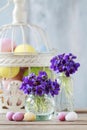 Bouquet of tiny violets viola odorata and chocolate Easter eggs on wooden table Royalty Free Stock Photo