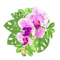 Bouquet with tropical flowers floral arrangement beautiful orchid Phalaenopsis purple and white with Schefflera and Monstera Royalty Free Stock Photo