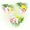 Bouquet with tropical flowers  floral arrangement, with beautiful pink green yelow and white orchids cymbidium and palm vintage Royalty Free Stock Photo