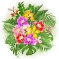 Bouquet with tropical flowers floral arrangement beautiful various orchids cymbidium palm,philodendron and Monstera