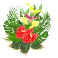 Bouquet with tropical flowers floral arrangement, with beautiful white pink and yellow lilies Cala and anthurium, palm,