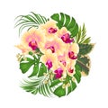 Bouquet with tropical flowers floral arrangement, with beautiful yellow orchid, palm,philodendron and ficus vintage vector illust Royalty Free Stock Photo