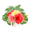Bouquet with tropical flowers floral arrangement, with red pink and yellow hibiscus and white orchid palm,philodendron vintage Royalty Free Stock Photo