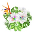 Bouquet with tropical flowers floral arrangement with Strelitzia and Multi colored hibiscus palm,philodendron and Schefflera a