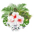 Bouquet with tropical flowers floral arrangement, with white hibiscus and multicolored orchid palm,philodendron watercolor