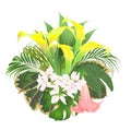 Bouquet with tropical flowers floral arrangement, with yellow lilies Cala and Brugmansia palm,philodendron vintage vector