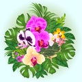 Bouquet with tropical flowers orchids phalaenopsis yellow ,white,purple, cymbidium palm,philodendron,ficus nature