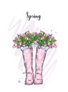 Bouquet of tulips in a beautiful rubber boots. Vector illustration. Spring flowers.