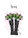 Bouquet of tulips in a beautiful rubber boots. Vector illustration. Spring flowers.