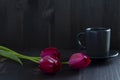 Still life with a cup of coffee and tulip. bouquet of tulips with black coffee cup Royalty Free Stock Photo
