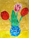 Bouquet of tulips in a blue vase - gouache painting