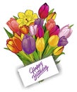 Bouquet of tulips with a card