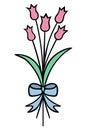 Bouquet of tulips. The flowers are tied with a blue bow. Cartoon style. Opened pink buds Royalty Free Stock Photo