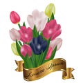 Bouquet of tulips with a gold ribbon. Festive spring flowers. Ho