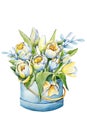 Bouquet of tulips and greenery, spring flowers in a packing box. Hand drawn watercolor illustration close up isolated on white