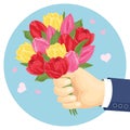 Bouquet of  tulips in man`s hand. Beautiful red, yellow and pink flowers vector illustration in cartoon simple flat style. Royalty Free Stock Photo