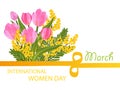 A bouquet of tulips and mimosa. figure eight ribbon. Desing for March 8 International Women`s Day with flowers. Vector Royalty Free Stock Photo