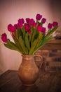 Bouquet of tulips in an old jug Royalty Free Stock Photo