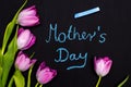 A bouquet of tulips and the sentence  MOTHER`S DAY written in chalk on a chalkboard Royalty Free Stock Photo