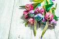 A bouquet of unusual multicolored tulips, modern hard light, dark shadow