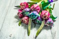 A bouquet of unusual multicolored tulips, modern hard light, dark shadow