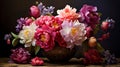 bouquet of various colored peonies arranged in an antique vase, AI Generative Royalty Free Stock Photo