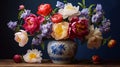 bouquet of various colored peonies arranged in an antique vase, AI Generative Royalty Free Stock Photo